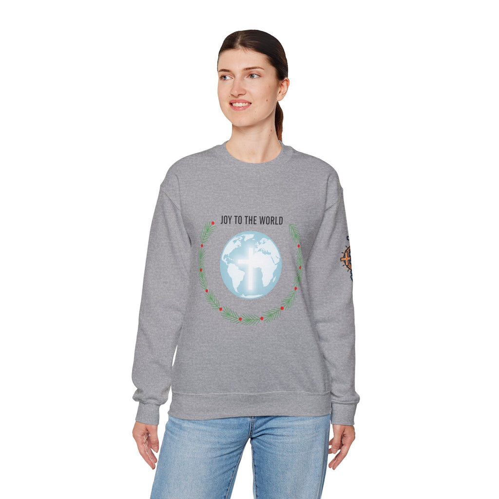 Joy to the World Sweatshirt – Wreath Earth Nativity Christian Christmas Sweatshirt for Isaiah 9:6 Holiday Faith & Festive Joy Printify