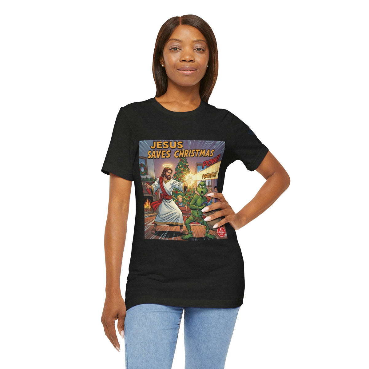 Jesus Saves Christmas T-shirt – Grinch vs Savior Light Battle Christian T-shirt for Hilarious Holiday Faith & True Joy Printify