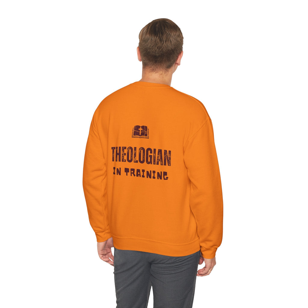 Theologian in Training Sweatshirt – Open Bible & Cross Christian Sweatshirt for Faithful Growth Printify