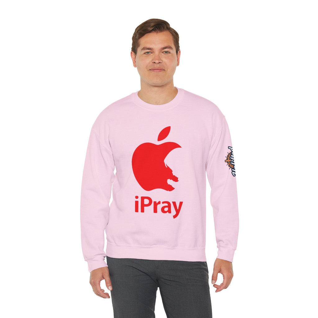 iPray Apple Logo Sweatshirt — Funny Christian Sweatshirt (Minimal Red Apple Graphic) Printify