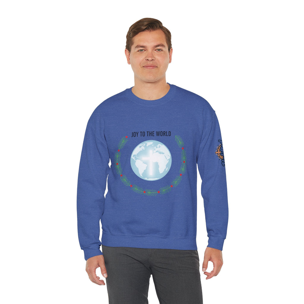 Joy to the World Sweatshirt – Wreath Earth Nativity Christian Christmas Sweatshirt for Isaiah 9:6 Holiday Faith & Festive Joy Printify