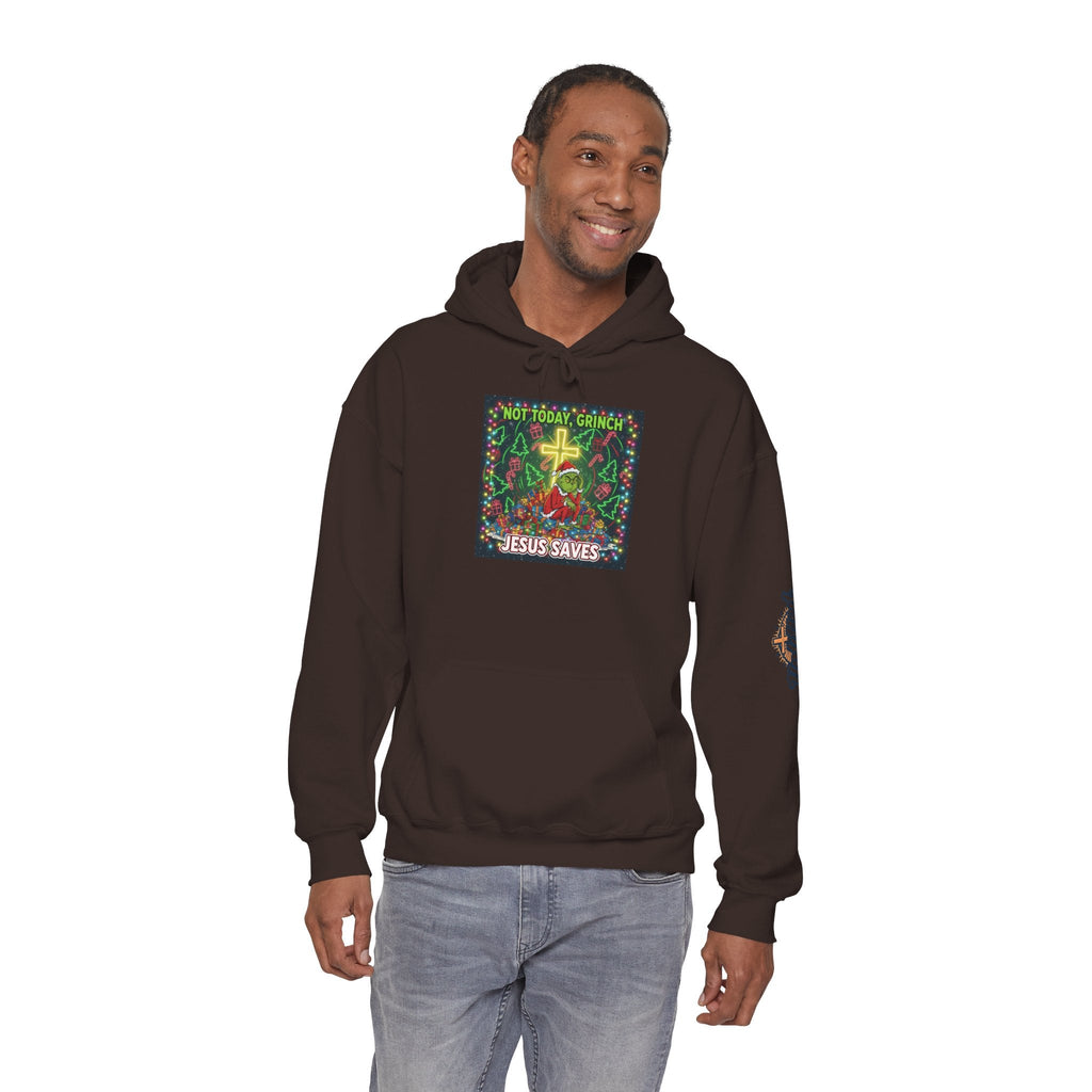 🎄 Not Today, Grinch – Jesus Saves | Funny Christian Christmas Hoodie | Festive Green & Red Cartoon Style | Bold Faith Holiday Tee by Uplifted Gear Printify