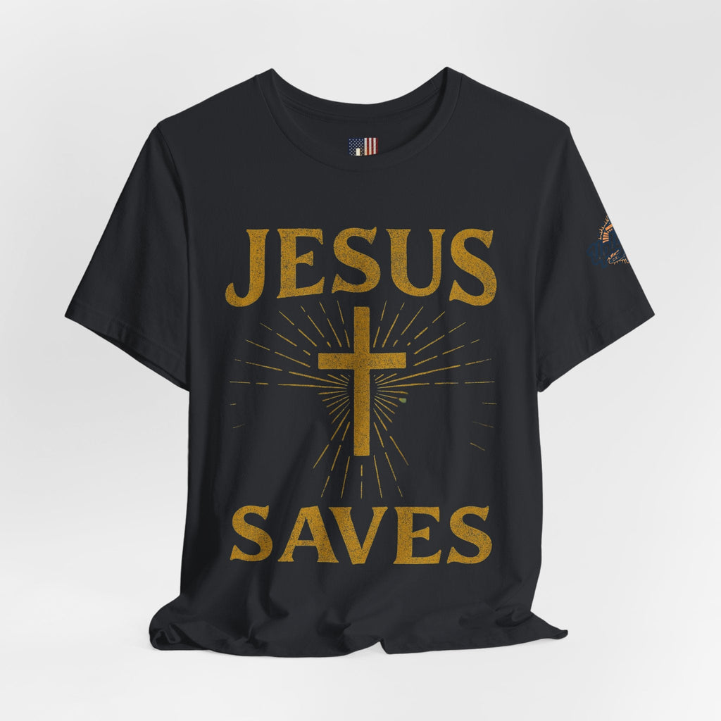 Jesus Saves T-shirt – Radiant Cross & Rays of Light Christian T-shirt for Eternal Hope & Faith Printify