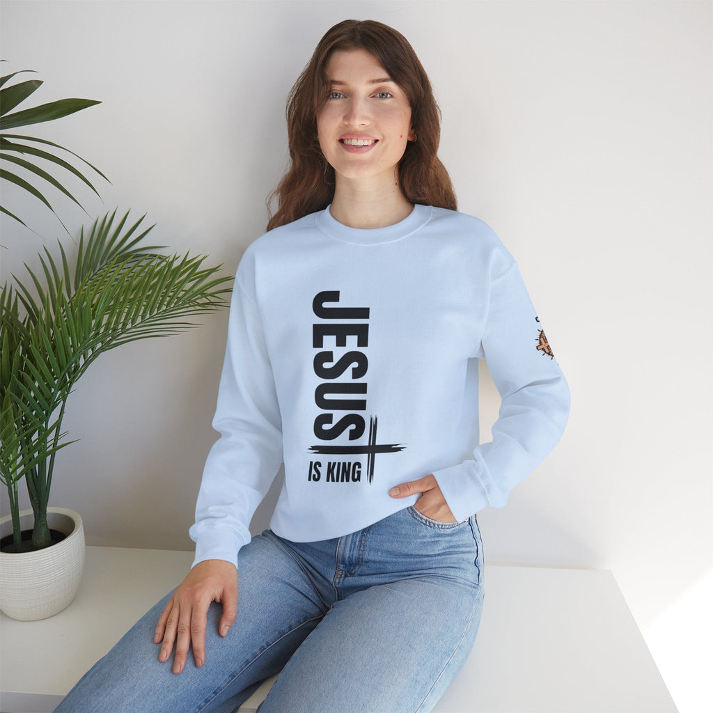 Jesus Is King Sweatshirt | Modern Typographic Cross Christian Sweatshirt Printify