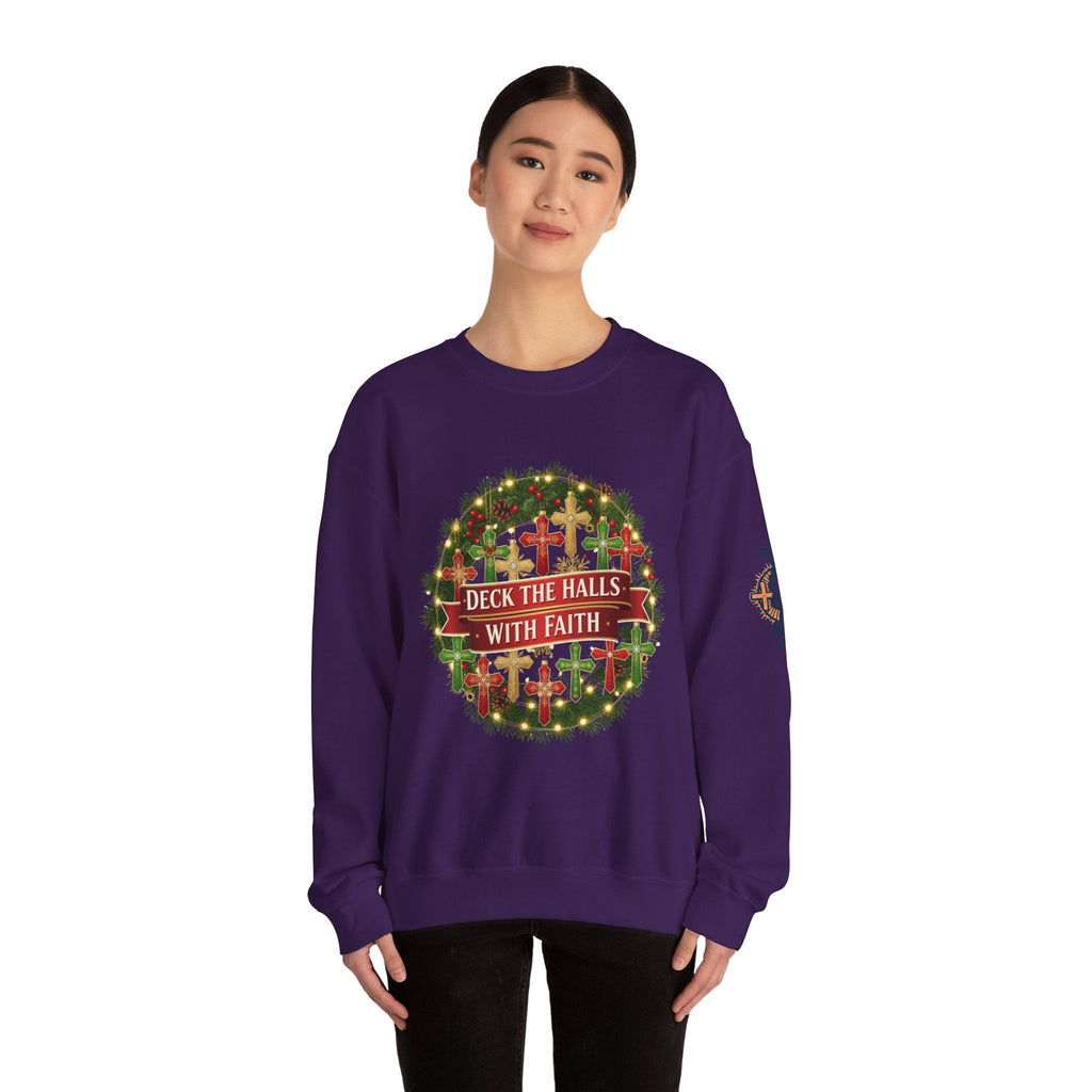 🎄 Deck the Halls with Faith – Christian Christmas Sweatshirt | Cross Ornament Design & Festive Garland | Bold Holiday Faith Tee by Uplifted Gear Printify