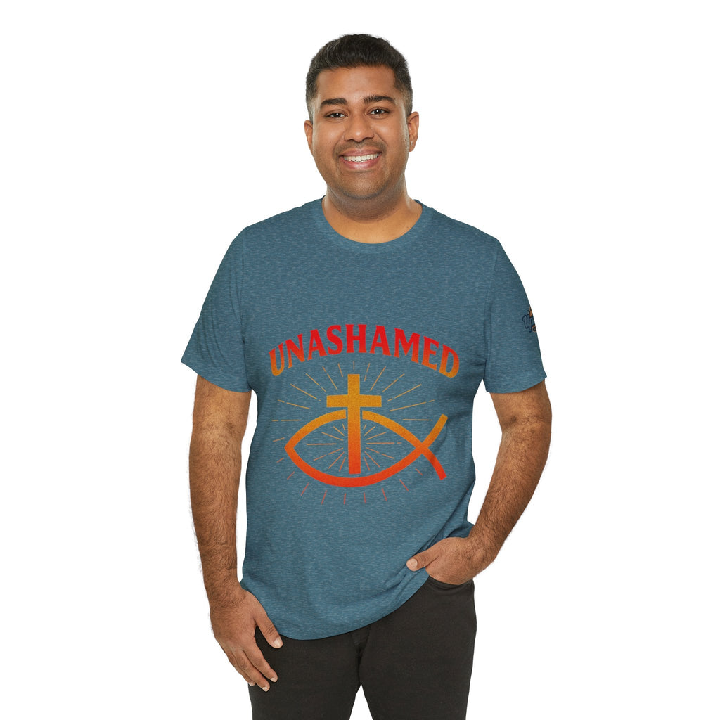 Unashamed T-shirt – Ichthys Jesus Fish & Cross Christian T-shirt for Romans 1:16 Bold Faith Printify