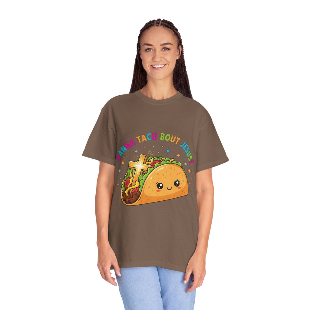 Wanna Taco 'Bout Jesus? Funny Christian Pun T-Shirt – Lettuce Pray & Share Faith! Printify