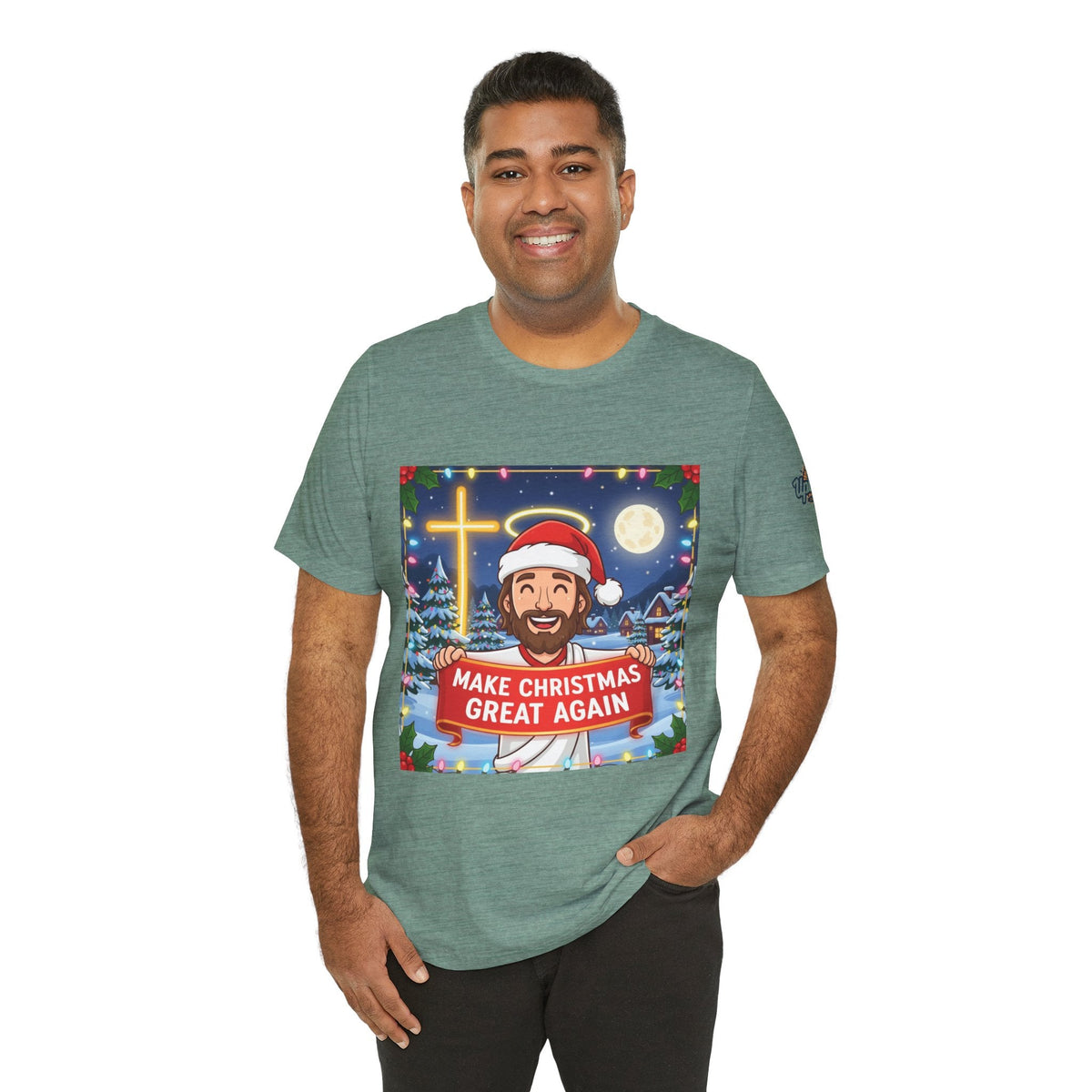 🎄 Make Christmas Great Again – Funny Christian T-Shirt | Jesus Holding Banner | Faith-Based Holiday Parody Tee | Uplifted Gear Printify