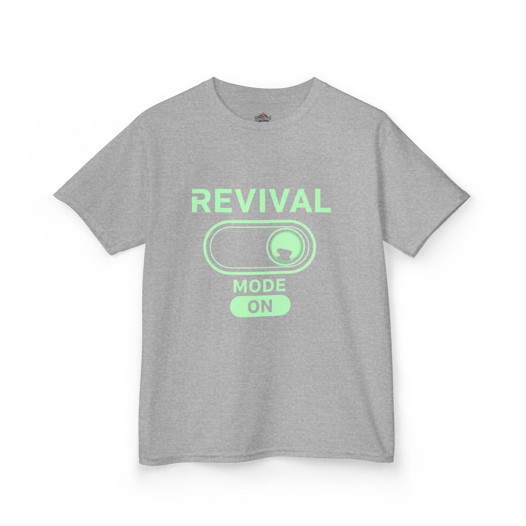 🔥 Revival Mode: ON – Christian Techwear Kids T-Shirt | Glowing Green Faith Switch | Futuristic Jesus Shirt | Activate Your Spiritual Awakening | Uplifted Gear Printify