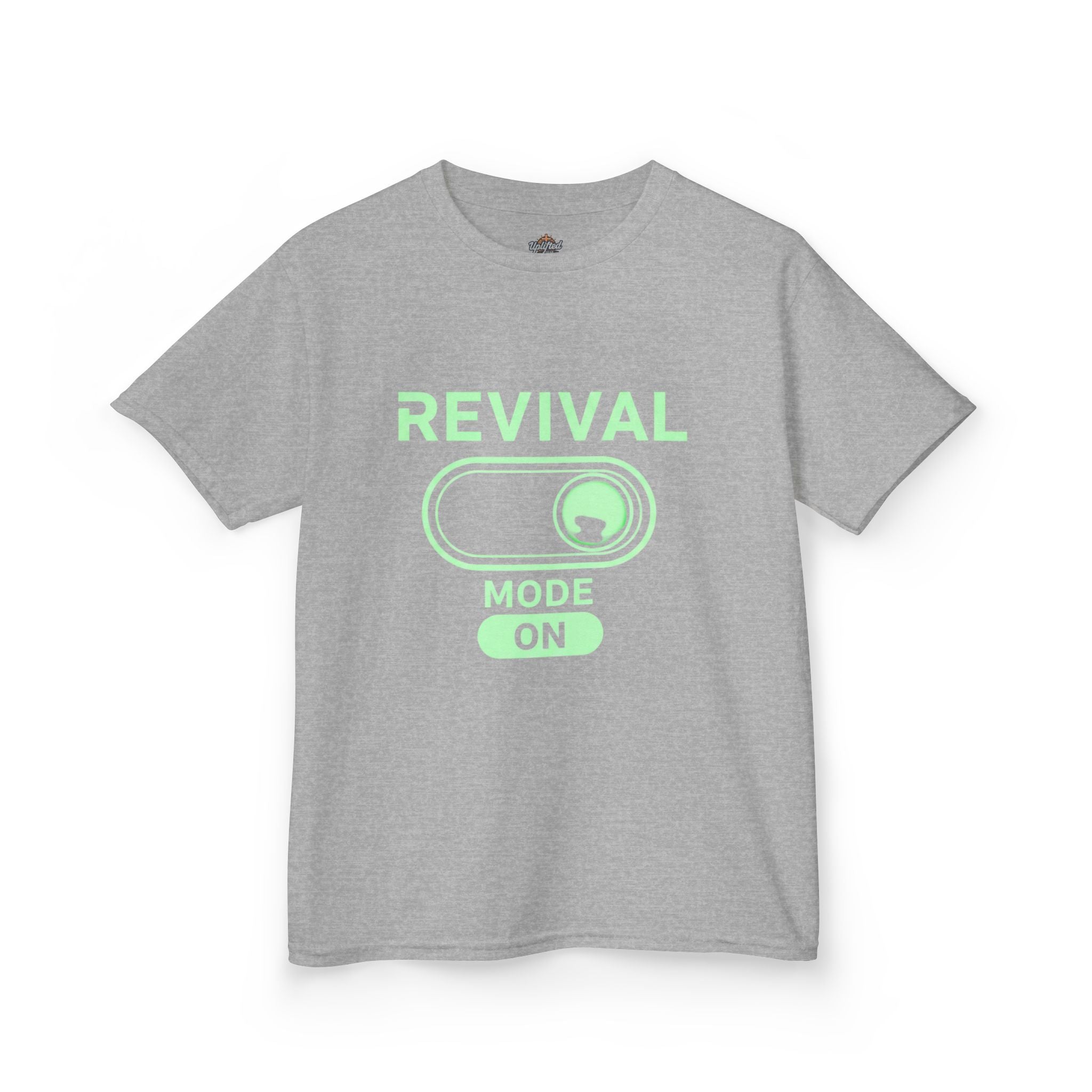 🔥 Revival Mode: ON – Christian Techwear Kids T-Shirt | Glowing Green Faith Switch | Futuristic Jesus Shirt | Activate Your Spiritual Awakening | Uplifted Gear Printify