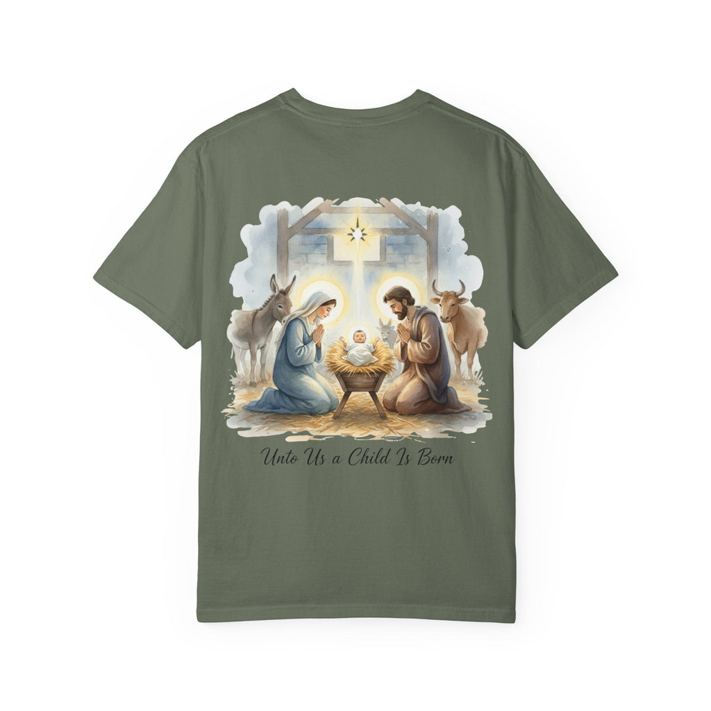 Unto Us a Child is Born T-shirt – Isaiah 9:6 Nativity Manger Scene Christian Christmas T-shirt for Holy Night Faith Printify