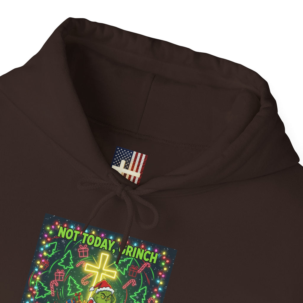 🎄 Not Today, Grinch – Jesus Saves | Funny Christian Christmas Hoodie | Festive Green & Red Cartoon Style | Bold Faith Holiday Tee by Uplifted Gear Printify