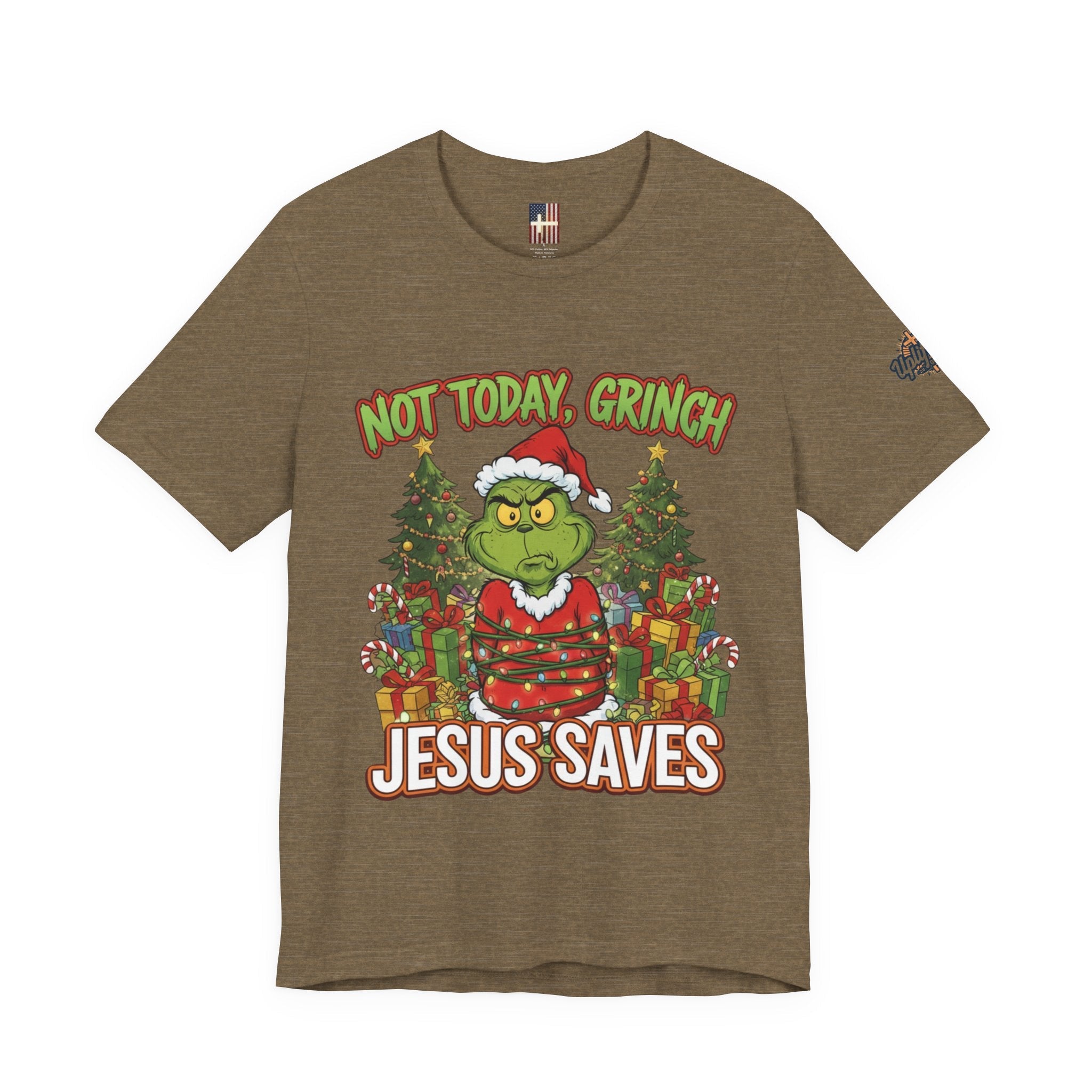 🎄 Not Today, Grinch – Jesus Saves | Funny Christian Christmas T-Shirt | Sulking Grinch & Glowing Cross | Bold Neon Faith Tee by Uplifted Gear Printify