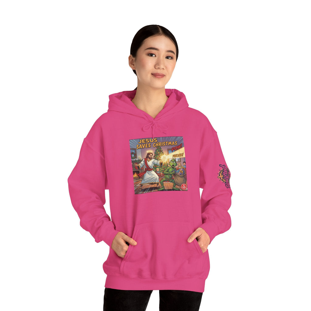 Jesus Saves Christmas Hoodie – Grinch vs Savior Light Battle Christian Sweatshirt for Hilarious Holiday Faith & True Joy Printify