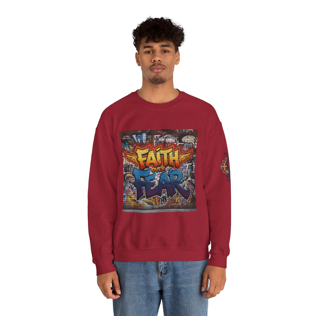 Faith Over Fear Sweatshirt – Graffiti Wall Christian Sweatshirt for Bold 2 Corinthians 5:7 Streetwear & Unshakable Faith Printify