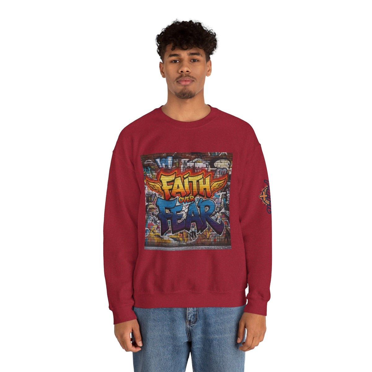 Faith Over Fear Sweatshirt – Graffiti Wall Christian Sweatshirt for Bold 2 Corinthians 5:7 Streetwear & Unshakable Faith Printify