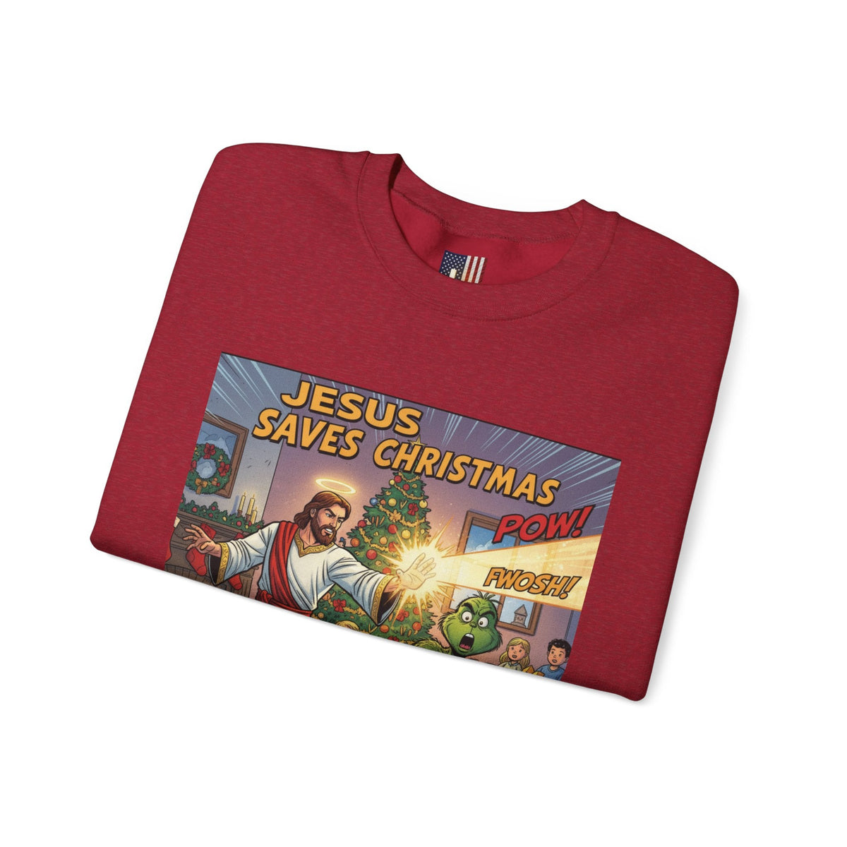 Jesus Saves Christmas Sweatshirt – Grinch vs Savior Light Battle Christian Sweatshirt for Hilarious Holiday Faith & True Joy Printify