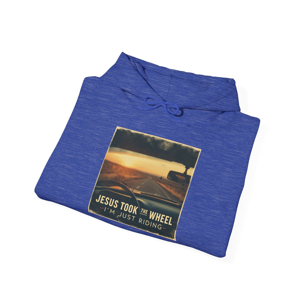 Jesus Took the Wheel I'm Just Riding Hoodie – Funny Christian Convertible Car Sweatshirt for Surrendered Faith & Humor Printify