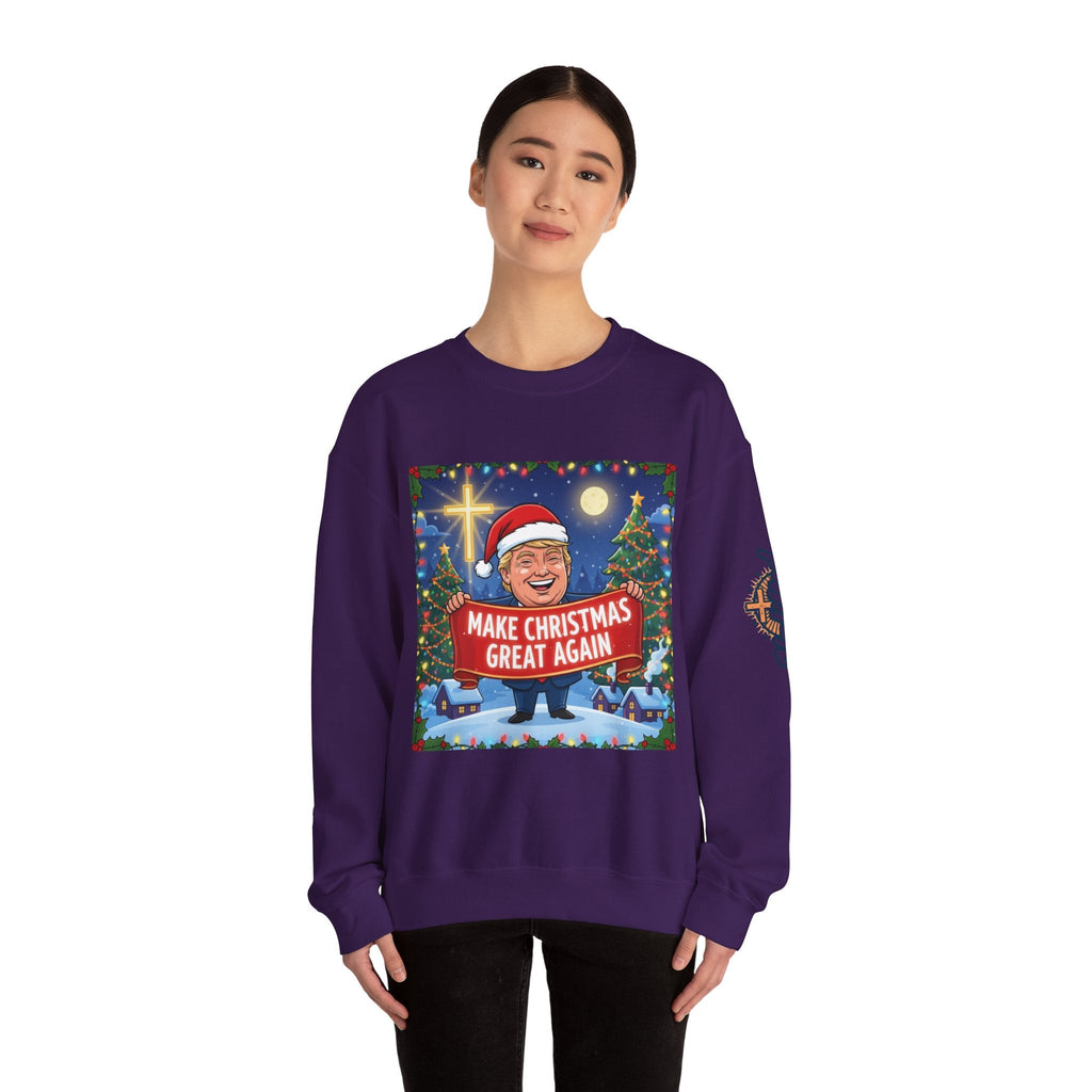🎄 Make Christmas Great Again – Patriotic Christian Christmas Sweatshirt | Bold Holiday Faith Tee | Red & White Banner Design | Uplifted Gear Printify