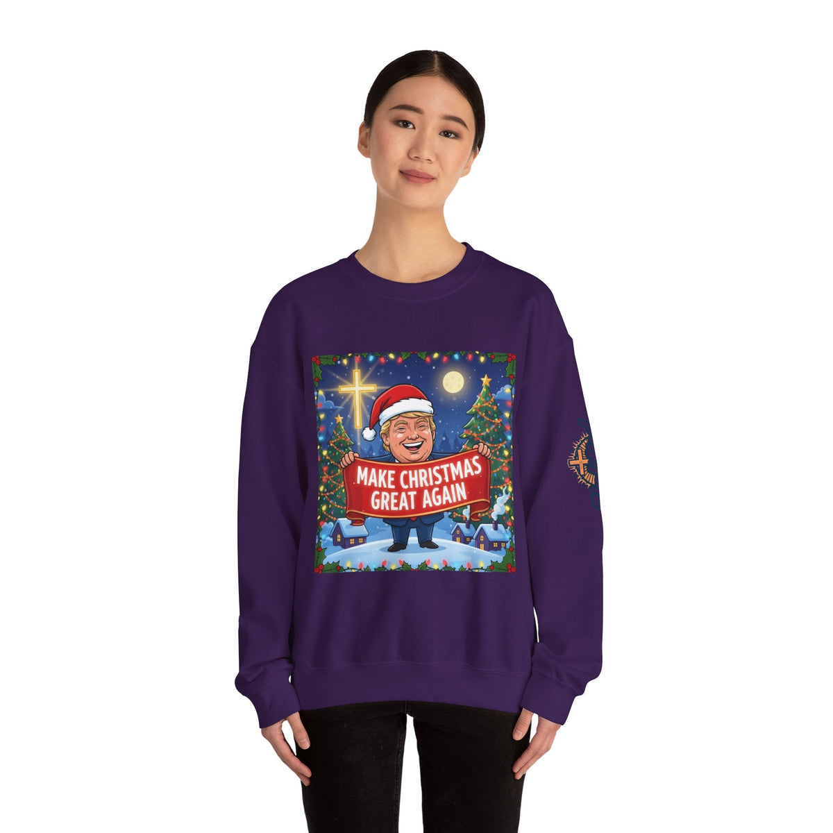 🎄 Make Christmas Great Again – Patriotic Christian Christmas Sweatshirt | Bold Holiday Faith Tee | Red & White Banner Design | Uplifted Gear Printify