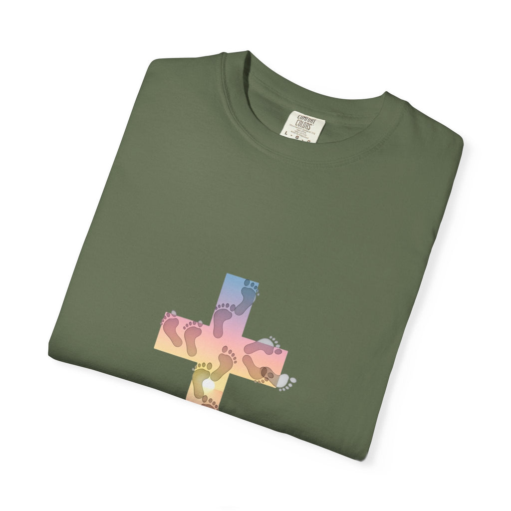 Walk by Faith T-Shirt – Cross & Footprints Christian Tee for Bold Believers Printify