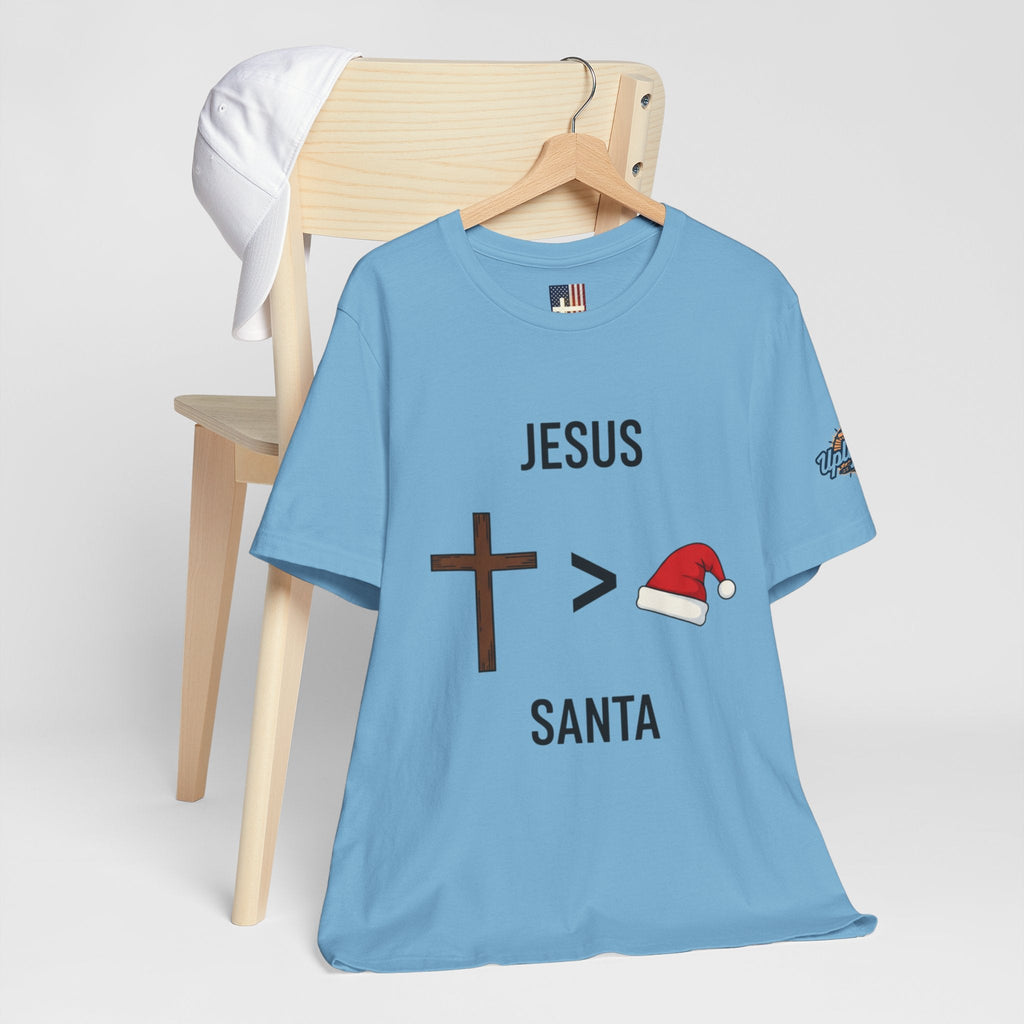 🎄 Jesus > Santa – Minimalist Christian Christmas T-Shirt | Bold Faith Over Holiday Tee | Cross vs Santa Hat Design | Uplifted Gear Printify