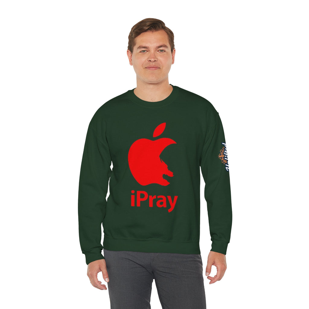 iPray Apple Logo Sweatshirt — Funny Christian Sweatshirt (Minimal Red Apple Graphic) Printify