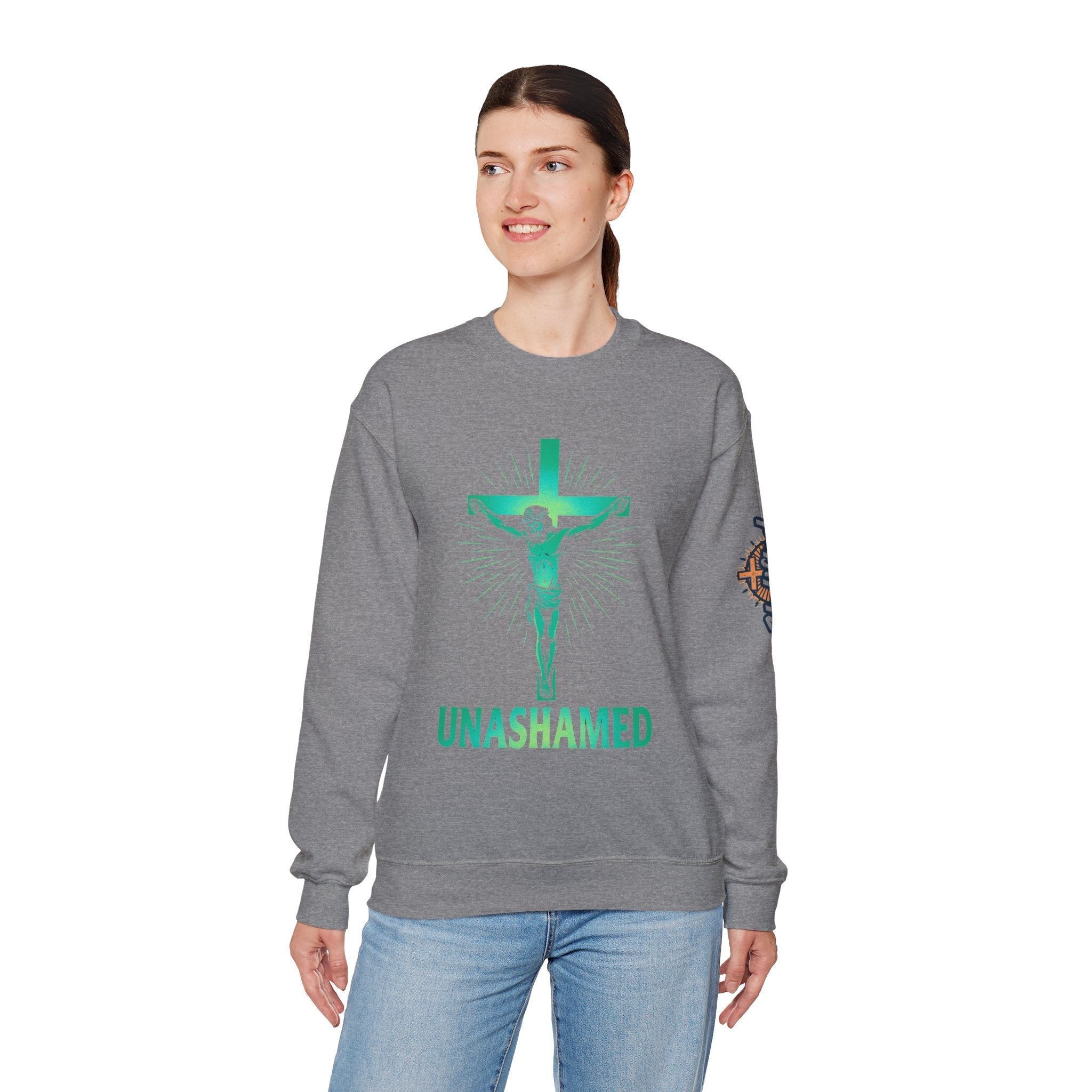 Unashamed Sweatshirt – Romans 1:16 Crucifixion Christian Sweatshirt for Bold Unwavering Faith Printify