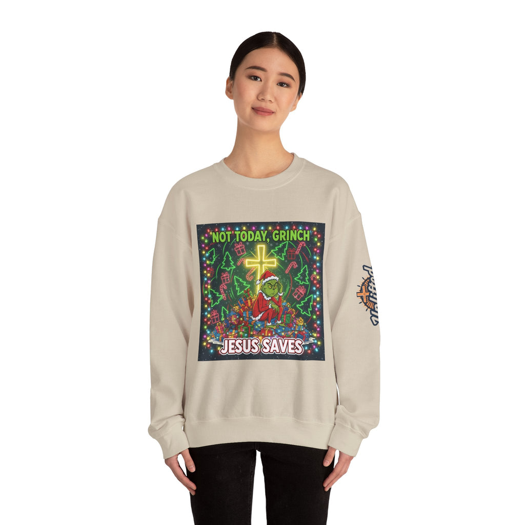 🎄 Not Today, Grinch – Jesus Saves | Funny Christian Christmas Sweatshirt | Festive Green & Red Cartoon Style | Bold Faith Holiday Tee by Uplifted Gear Printify