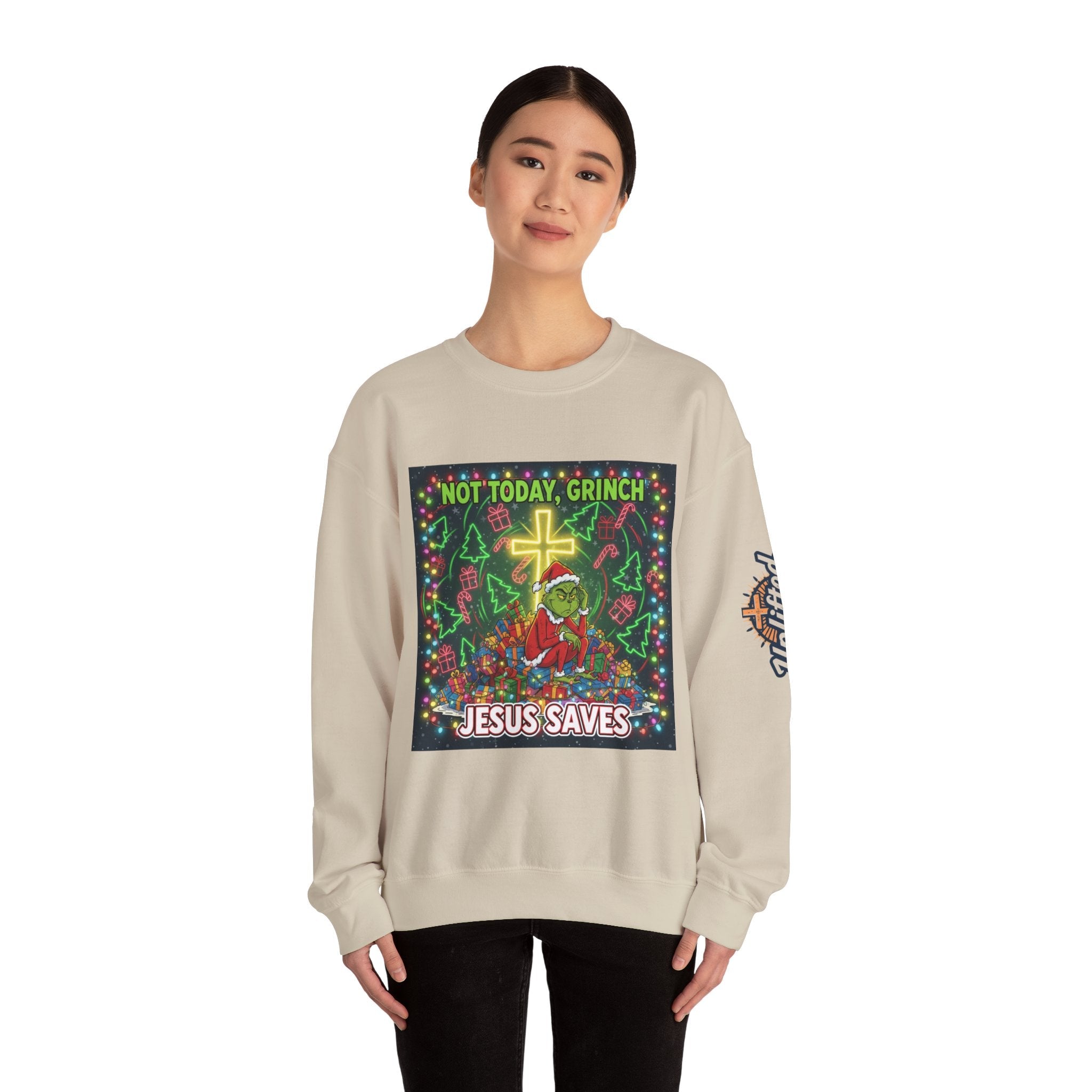 🎄 Not Today, Grinch – Jesus Saves | Funny Christian Christmas Sweatshirt | Festive Green & Red Cartoon Style | Bold Faith Holiday Tee by Uplifted Gear Printify
