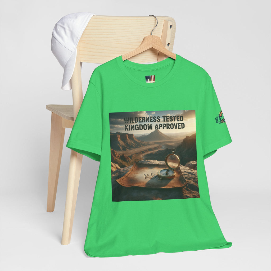 Wilderness Tested Kingdom Approved T-shirt – Mountain Desert Compass Crown Christian T-shirt for Biblical Adventure Faith Printify