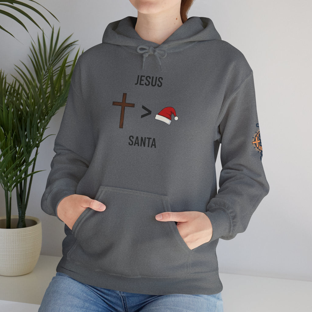 🎄 Jesus > Santa – Minimalist Christian Christmas Hoodie | Bold Faith Over Holiday Tee | Cross vs Santa Hat Design | Uplifted Gear Printify