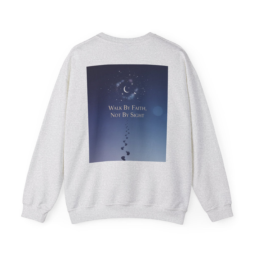 Walk by Faith, Not by Sight Sweatshirt – Moonlit Footprints Christian Sweatshirt for Cozy Nights Printify