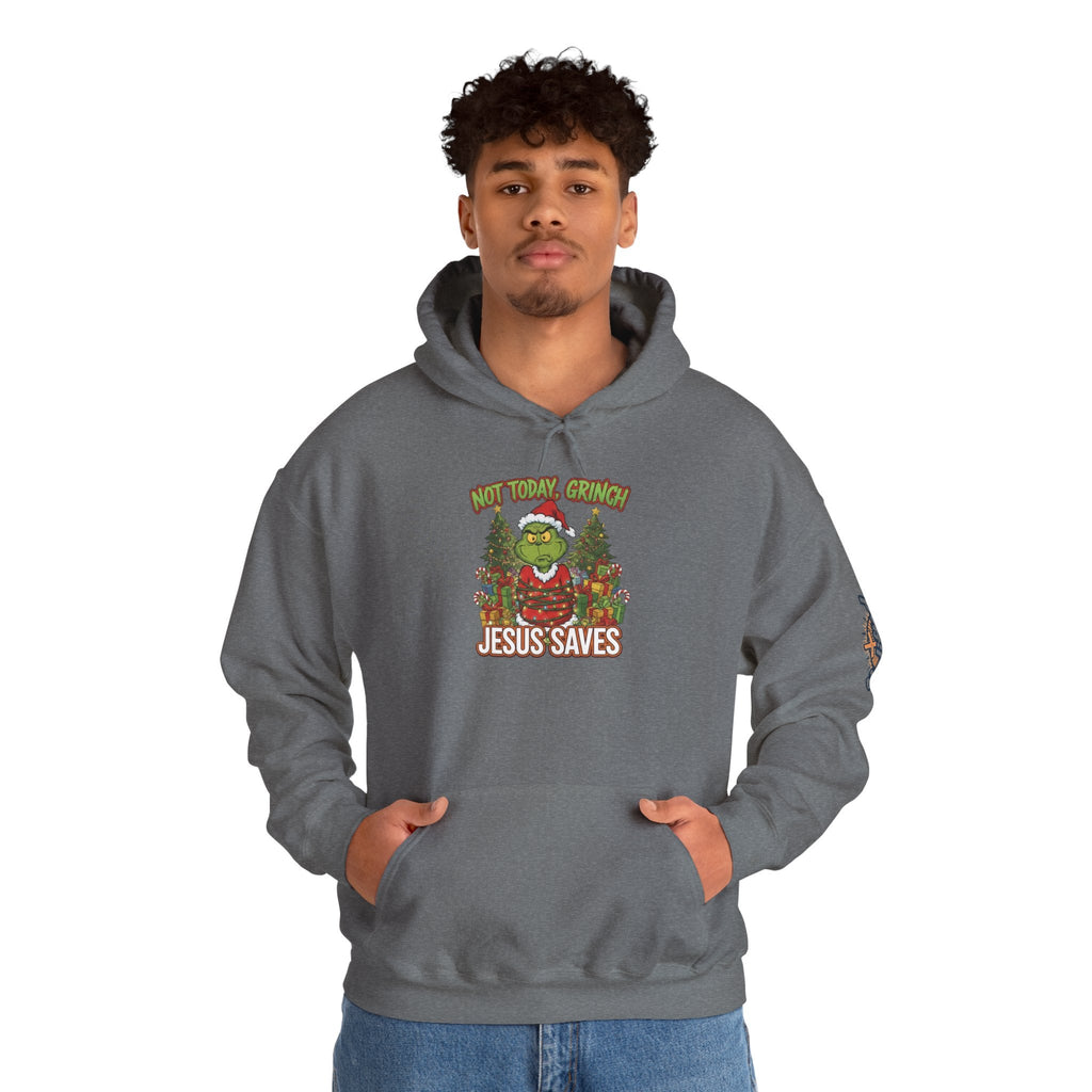 🎄 Not Today, Grinch – Jesus Saves | Funny Christian Christmas Hoodie | Sulking Grinch & Glowing Cross | Bold Neon Faith Tee by Uplifted Gear Printify