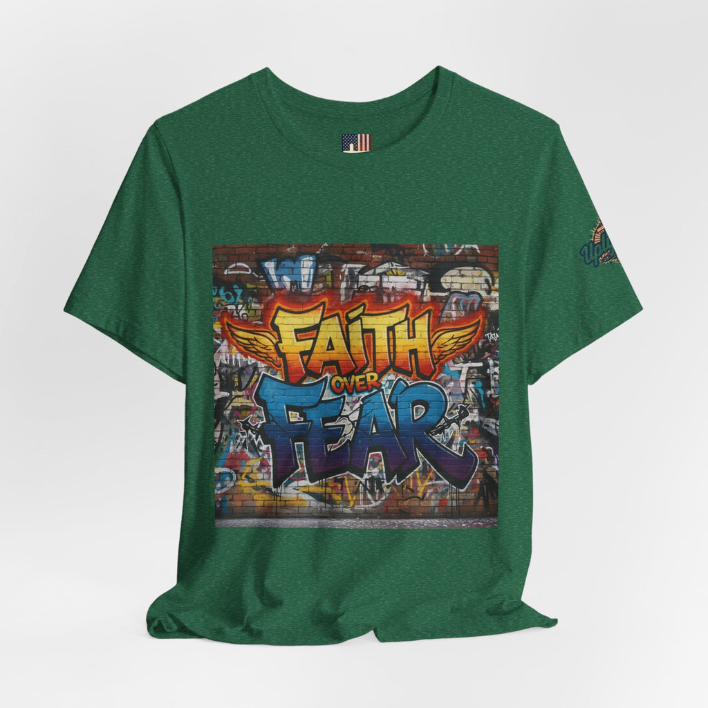 Faith Over Fear T-shirt – Graffiti Wall Christian T-shirt for Bold 2 Corinthians 5:7 Streetwear & Unshakable Faith Printify