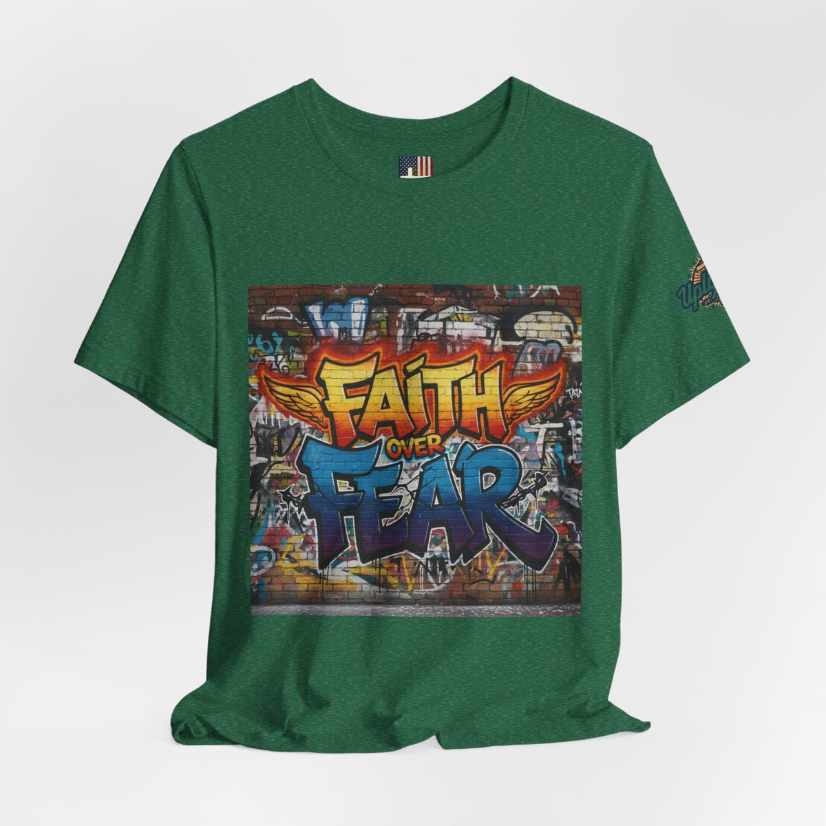 Faith Over Fear T-shirt – Graffiti Wall Christian T-shirt for Bold 2 Corinthians 5:7 Streetwear & Unshakable Faith Printify