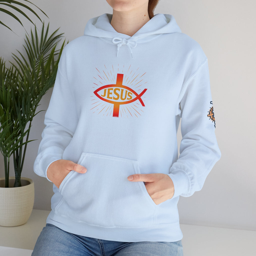 Jesus Ichthys Hoodie – Christian Fish Symbol with Cross & Jesus Inscription Sweatshirt for Eternal Faith & Streetwear Printify