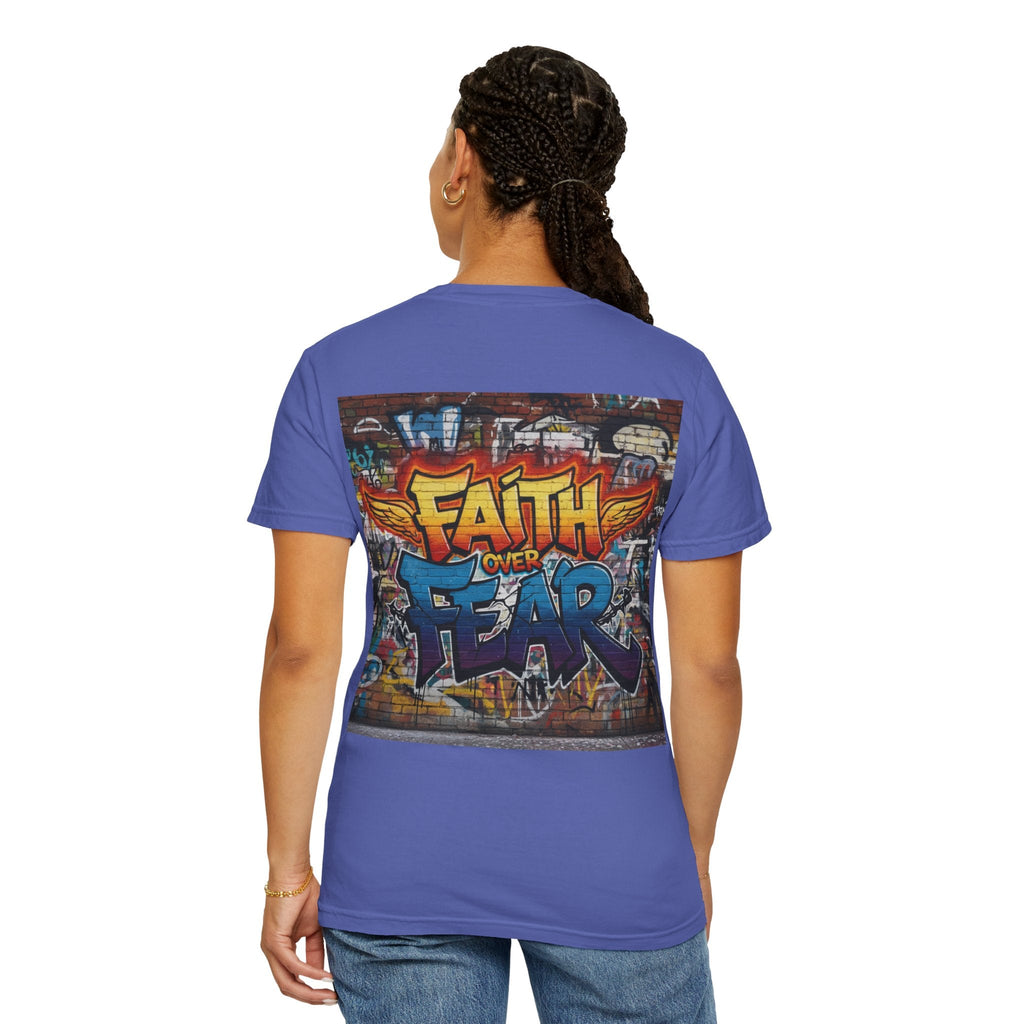 Faith Over Fear T-shirt – Graffiti Wall Christian T-shirt for Bold 2 Corinthians 5:7 Streetwear & Unshakable Faith Printify