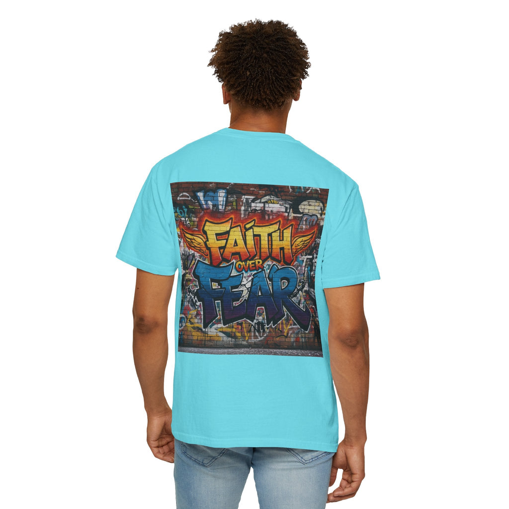 Faith Over Fear T-shirt – Graffiti Wall Christian T-shirt for Bold 2 Corinthians 5:7 Streetwear & Unshakable Faith Printify