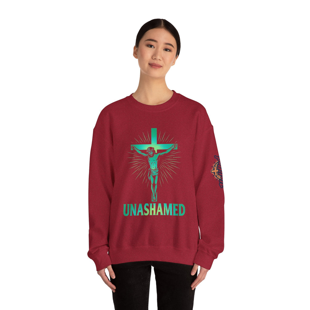 Unashamed Sweatshirt – Romans 1:16 Crucifixion Christian Sweatshirt for Bold Unwavering Faith Printify