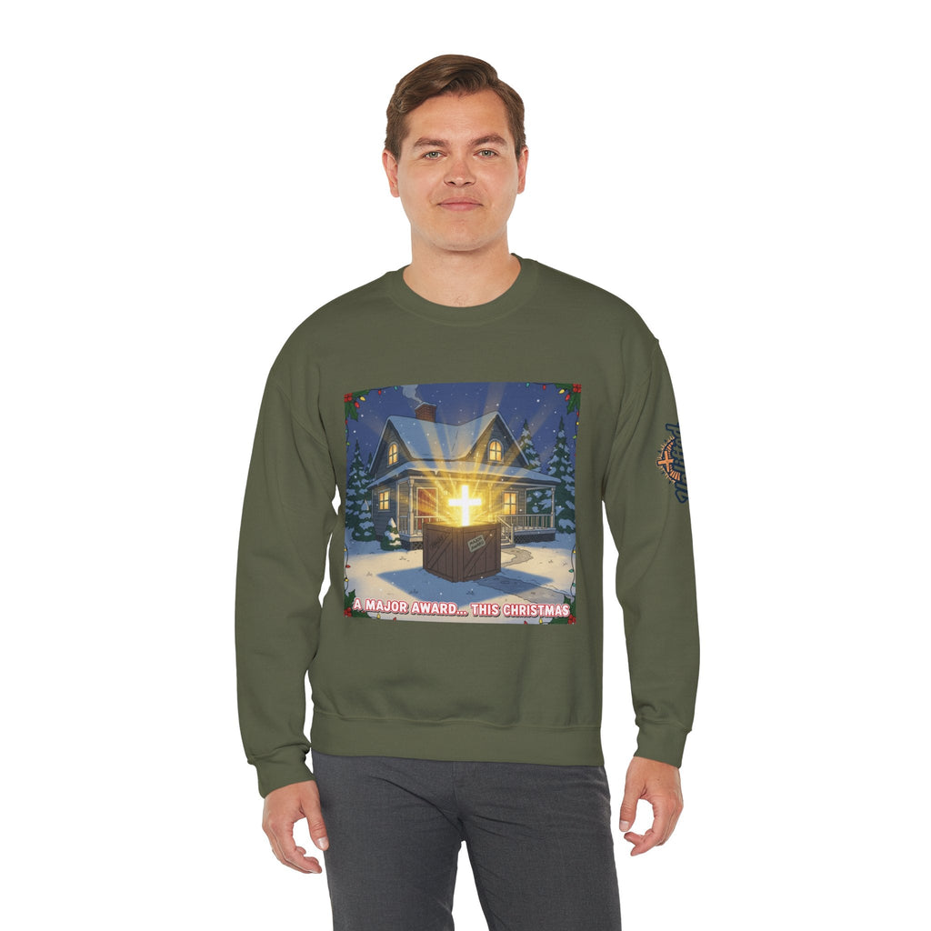A Major Award This Christmas Sweatshirt – Fragile Leg Lamp Parody Cross Unboxing Christian Sweatshirt for Hilarious Faith & Holiday Glow Printify