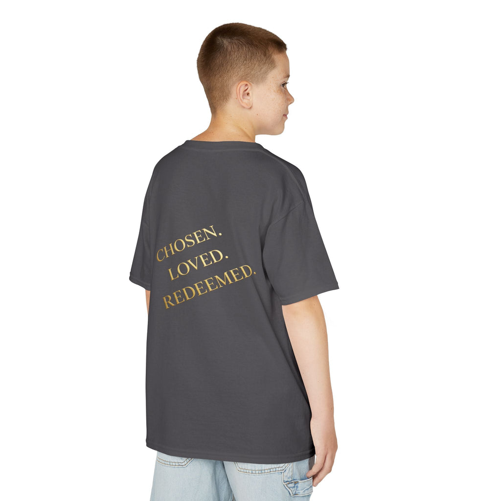 ✨ Chosen. Loved. Redeemed. – Elegant Christian Kids T-Shirt | Gold Foil Faith Tee | Subtle Cross & Heart Design | Inspirational Bible Verse Apparel by Uplifted Gear Printify