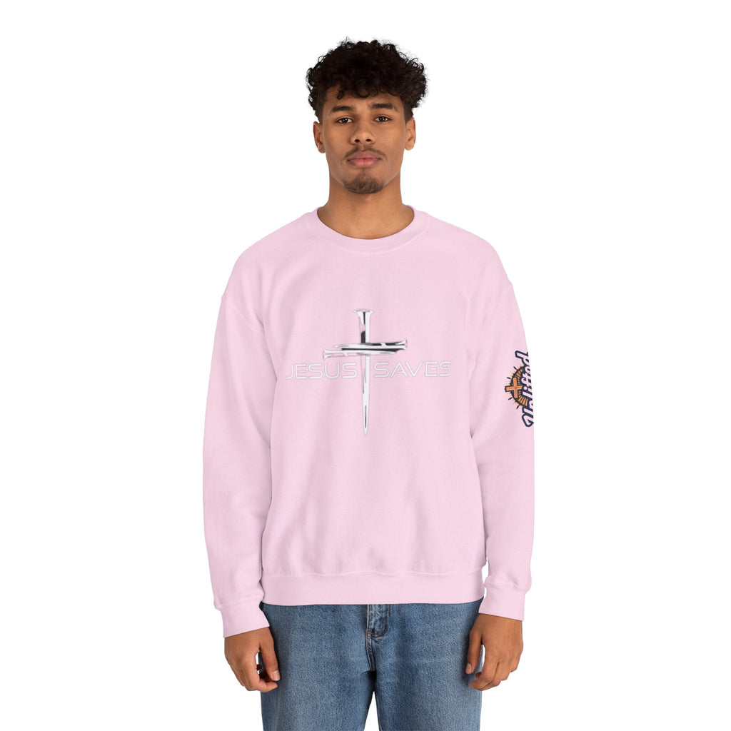 Jesus Saves Sweatshirt – 3 Nails Crucifix Cross Christian Sweatshirt for Redemption Faith & Bold Salvation Printify