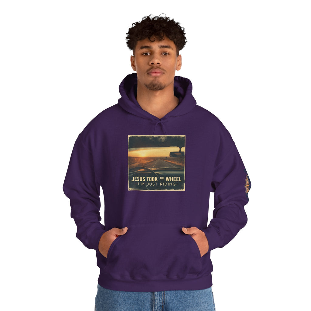 Jesus Took the Wheel I'm Just Riding Hoodie – Funny Christian Convertible Car Sweatshirt for Surrendered Faith & Humor Printify