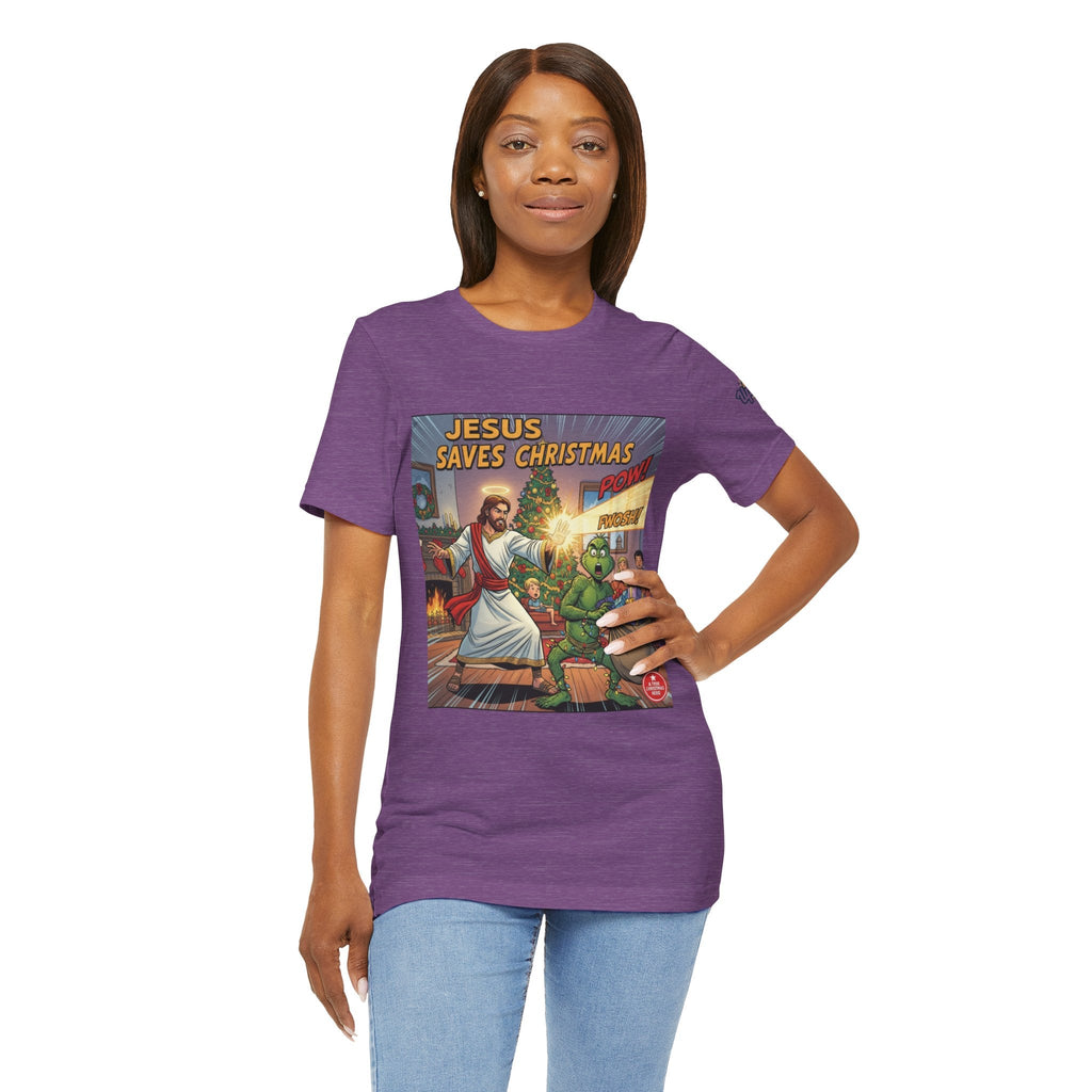Jesus Saves Christmas T-shirt – Grinch vs Savior Light Battle Christian T-shirt for Hilarious Holiday Faith & True Joy Printify