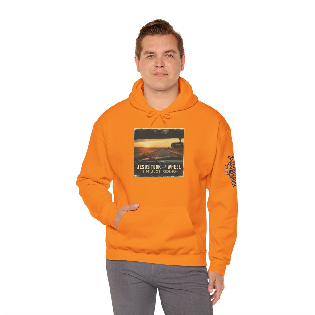 Jesus Took the Wheel I'm Just Riding Hoodie – Funny Christian Convertible Car Sweatshirt for Surrendered Faith & Humor Printify