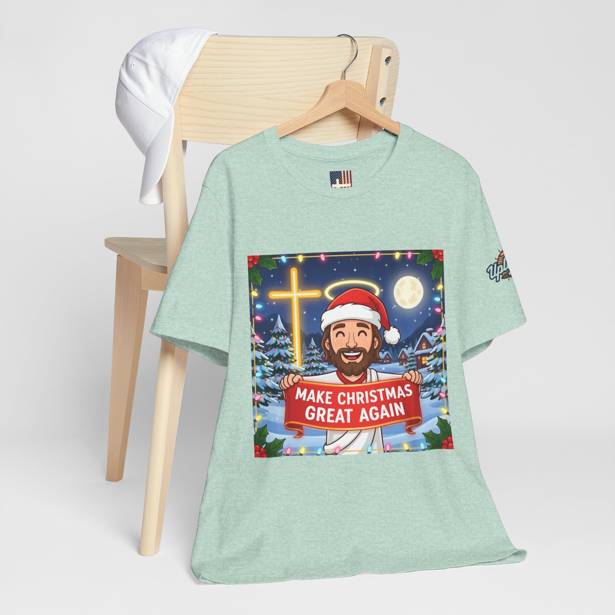🎄 Make Christmas Great Again – Funny Christian T-Shirt | Jesus Holding Banner | Faith-Based Holiday Parody Tee | Uplifted Gear Printify