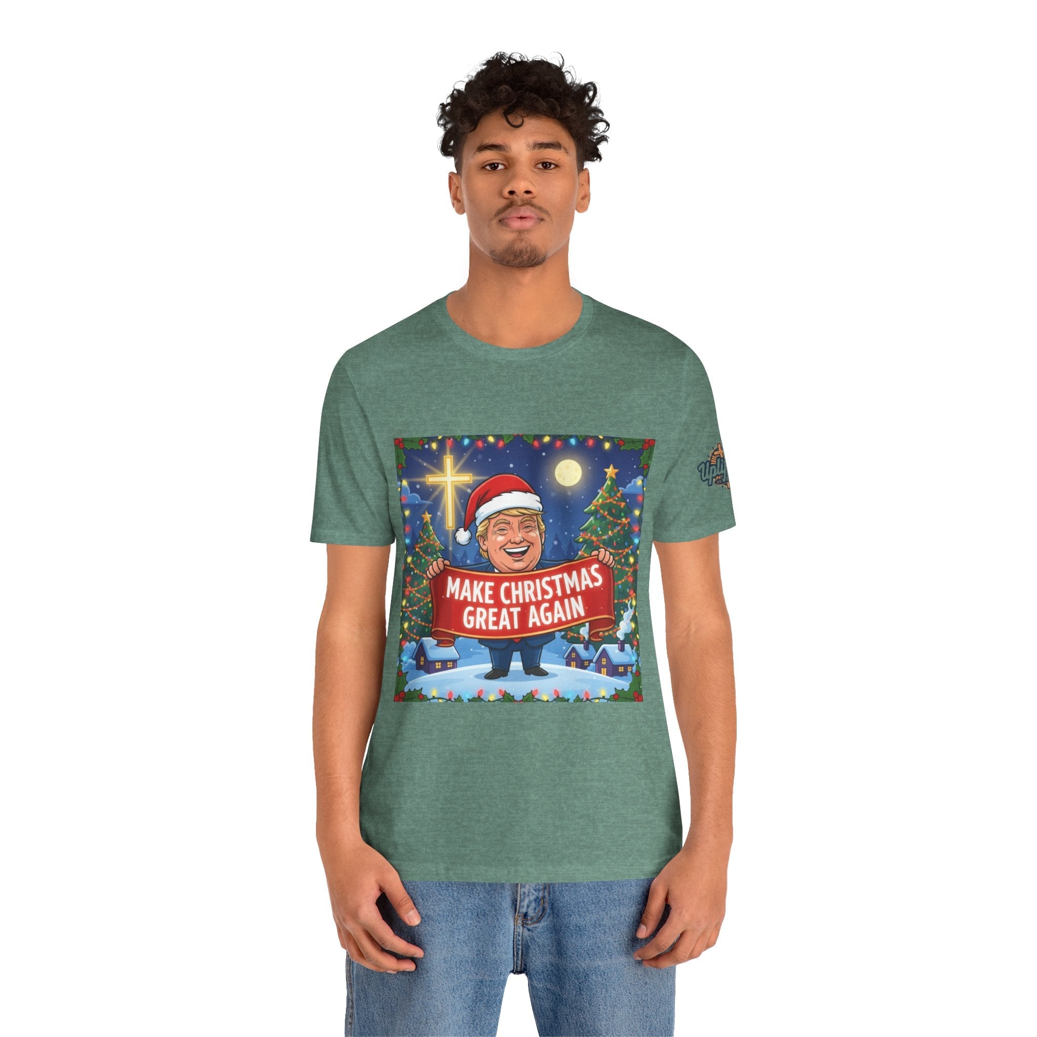 🎄 Make Christmas Great Again – Patriotic Christian Christmas T-Shirt | Bold Holiday Faith Tee | Red & White Banner Design | Uplifted Gear Printify