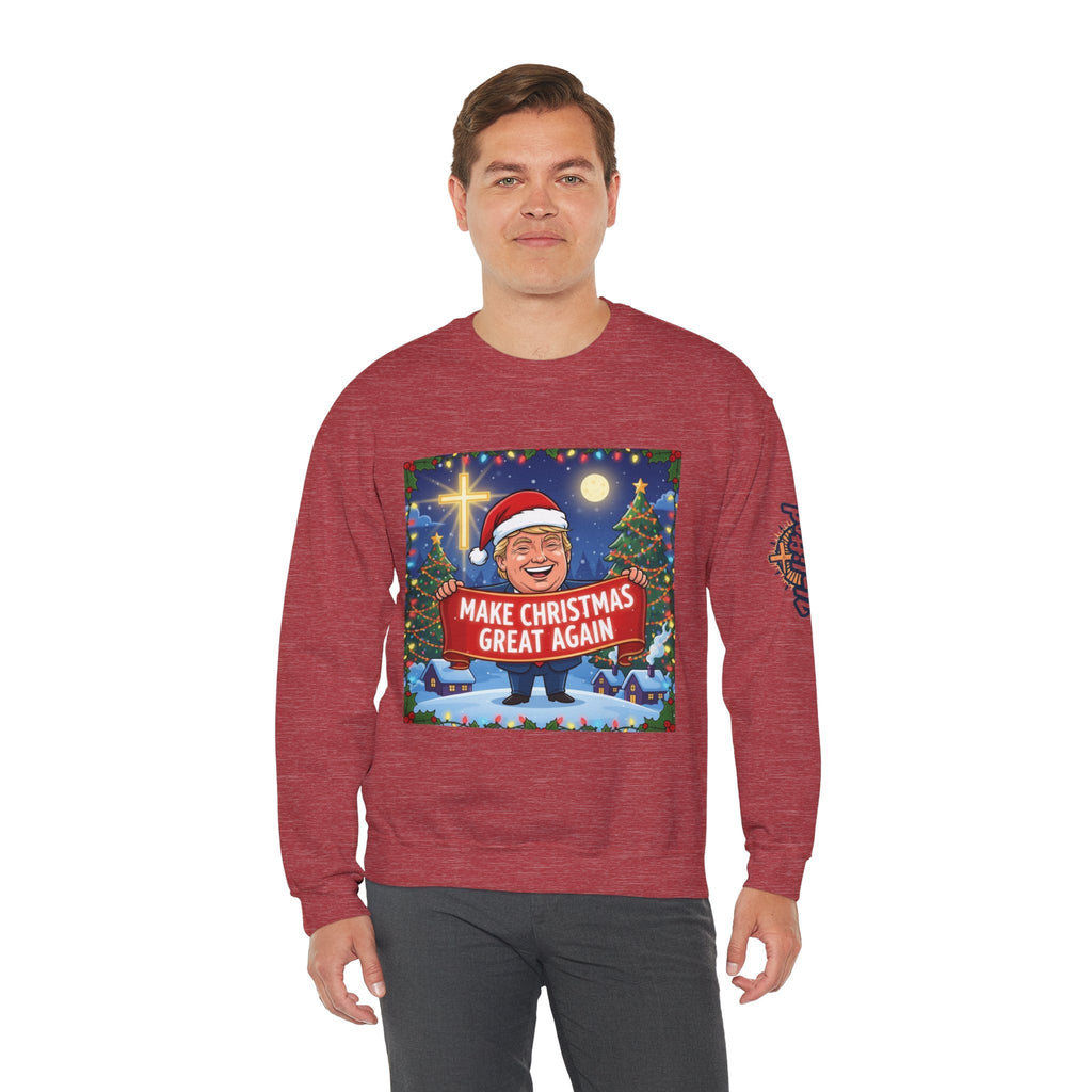 🎄 Make Christmas Great Again – Patriotic Christian Christmas Sweatshirt | Bold Holiday Faith Tee | Red & White Banner Design | Uplifted Gear Printify