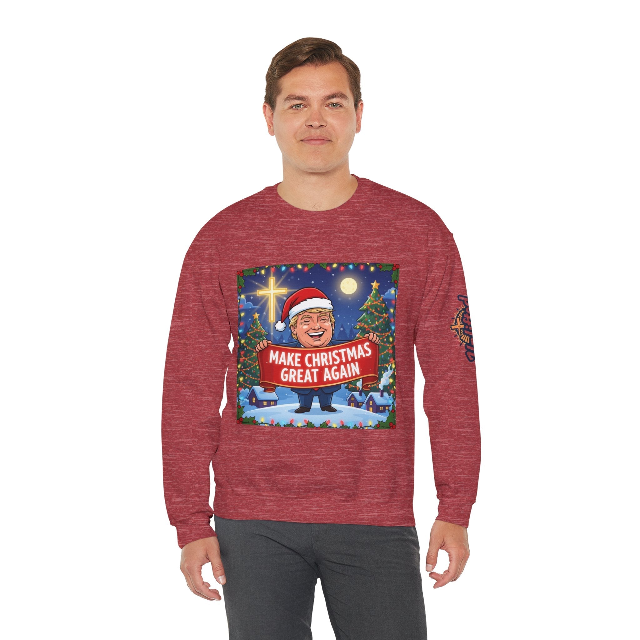 🎄 Make Christmas Great Again – Patriotic Christian Christmas Sweatshirt | Bold Holiday Faith Tee | Red & White Banner Design | Uplifted Gear Printify